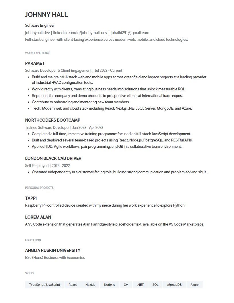Preview of Johnny Hall’s CV