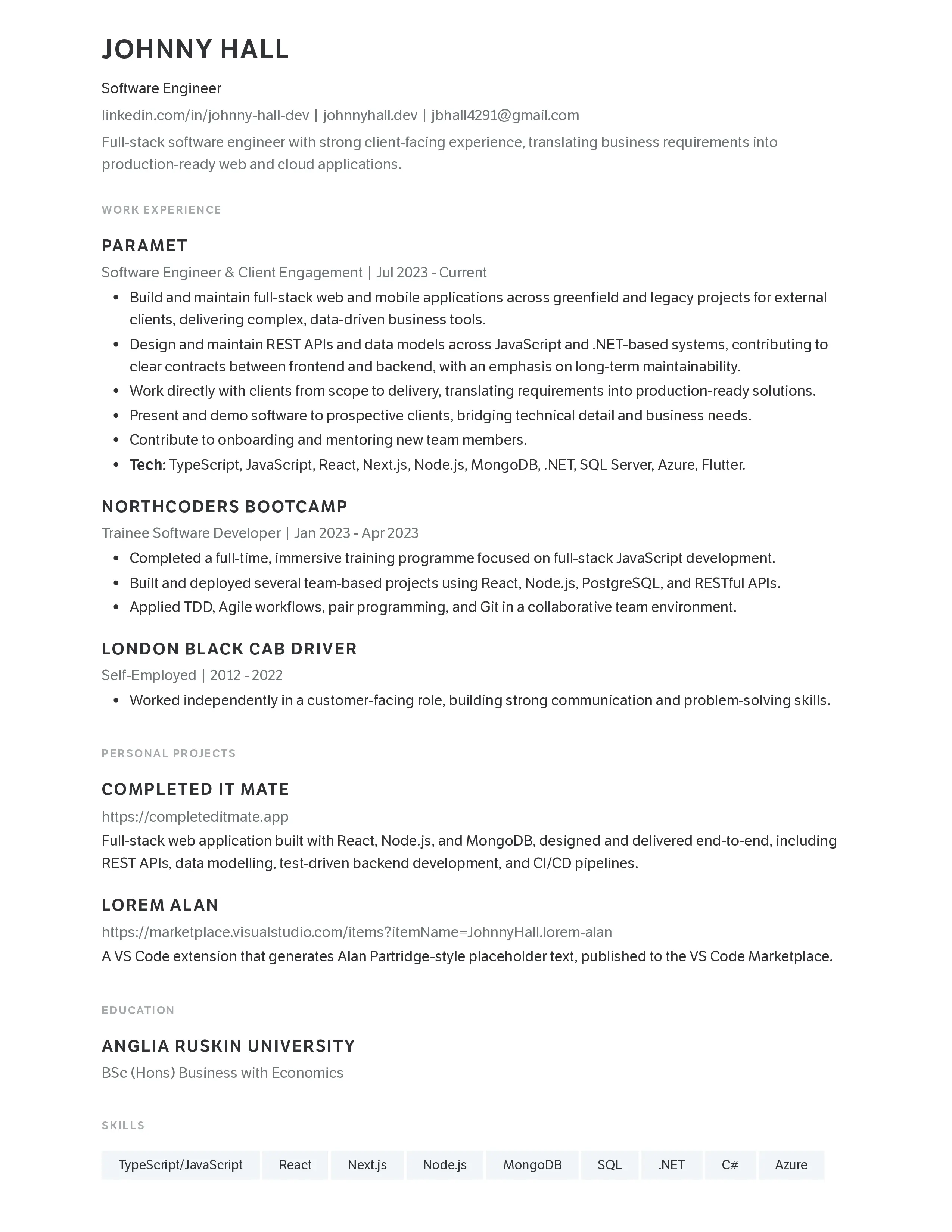 Preview of Johnny Hall’s CV